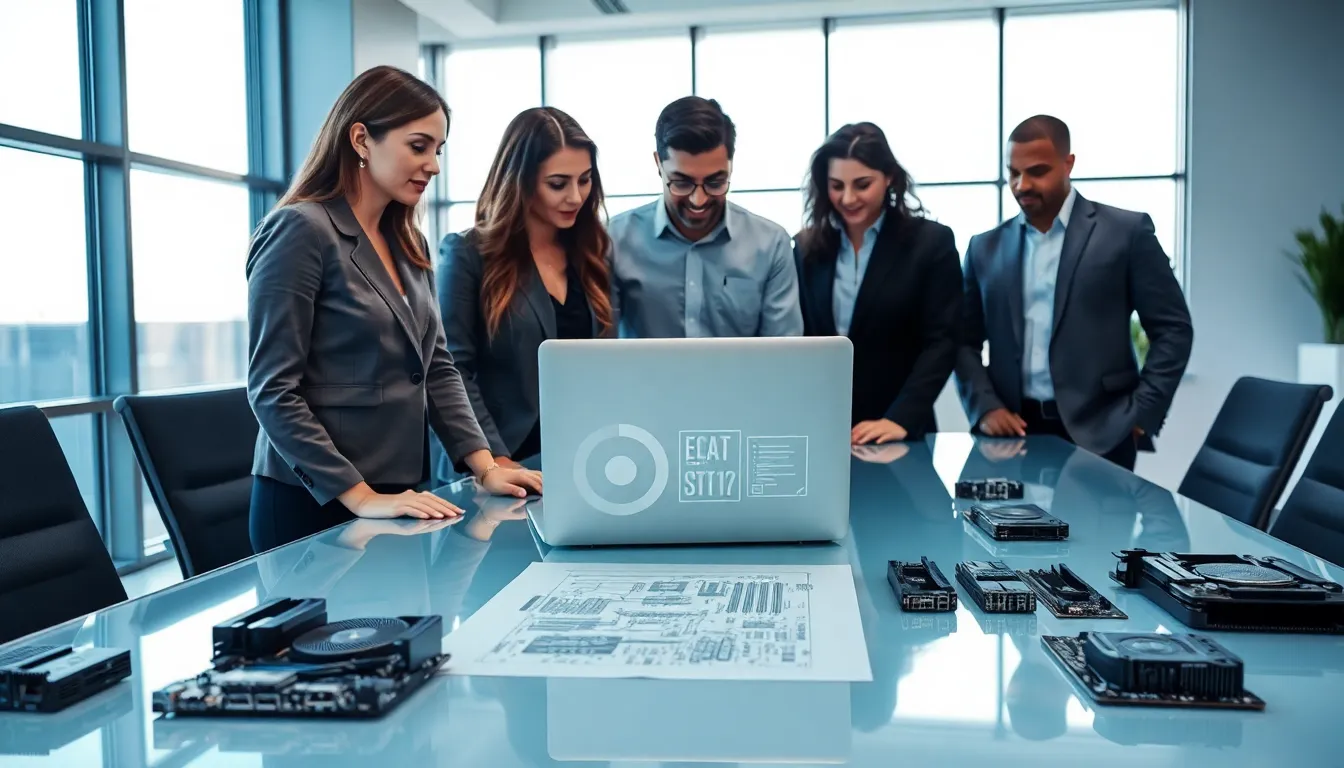 professionals discussing hardware devices in a modern office.