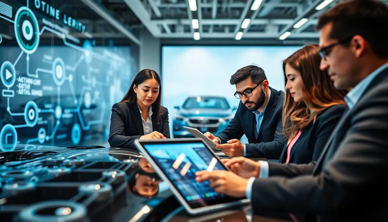 diverse team analyzing IoT technology in a modern automotive office.