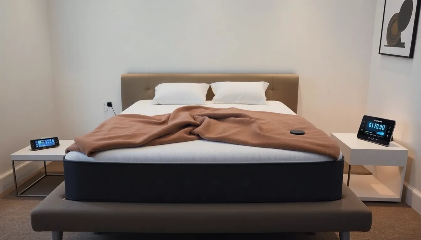 modern bedroom with smart mattress and sleep tracking devices.