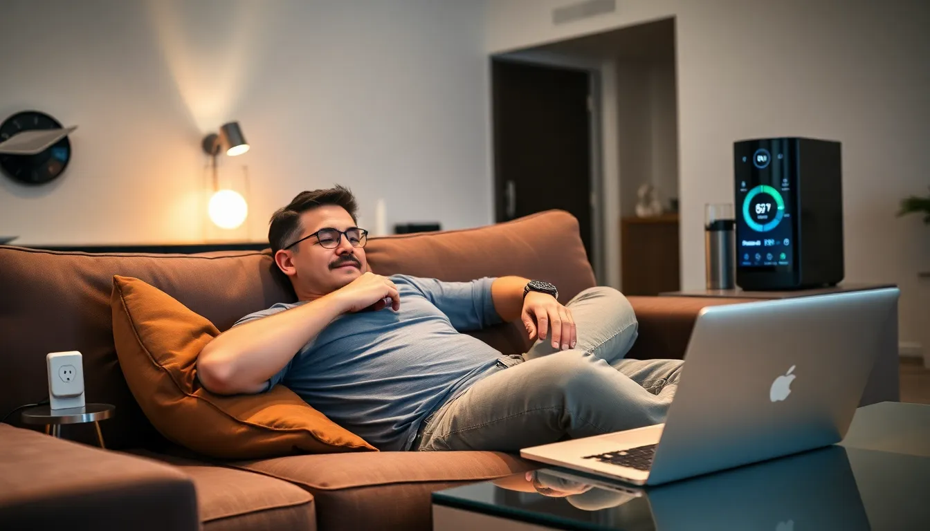 dad using smart home and wearable gadgets in a modern living room.