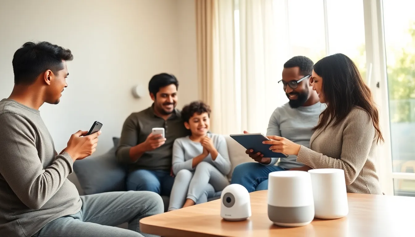 family using smart devices for home automation in a modern living room.