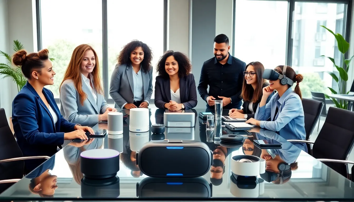 diverse team discussing new technology gadgets in a modern office.
