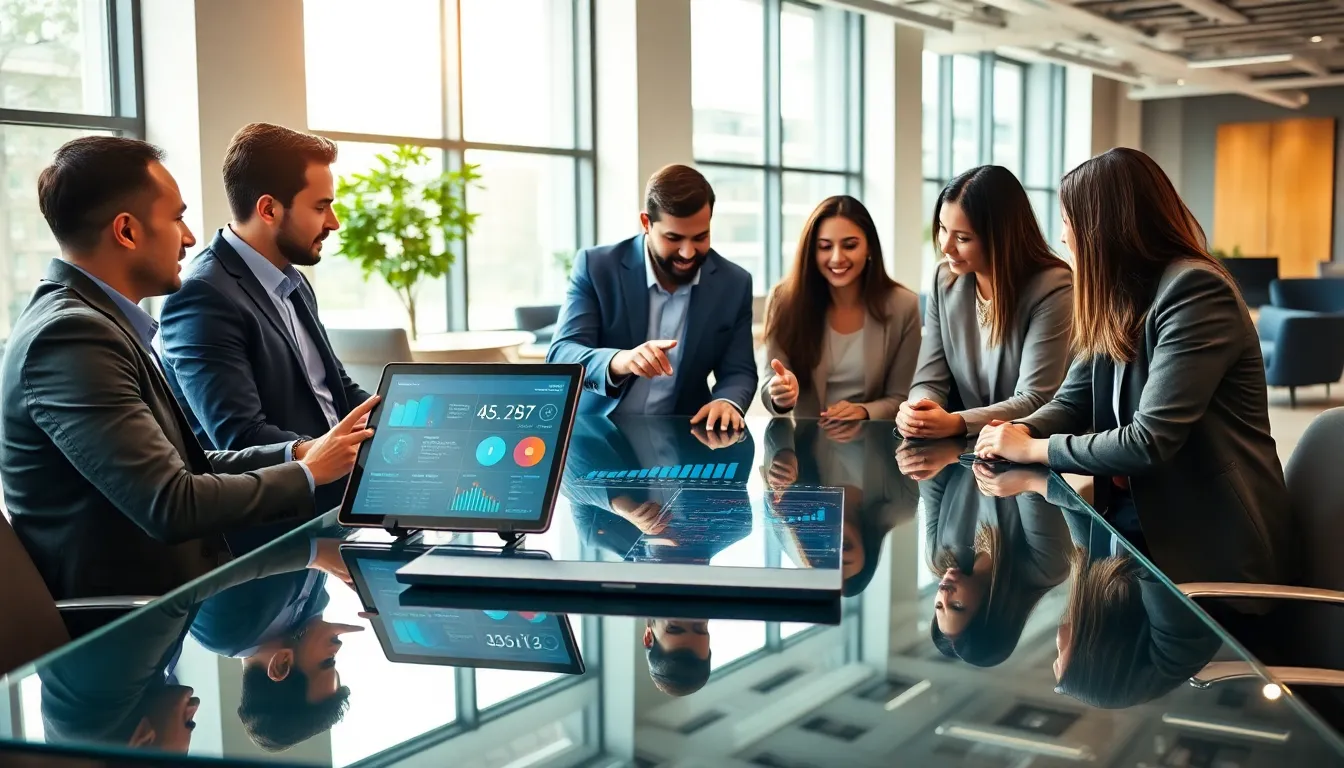 professionals collaborating on IoT automation in a modern office.