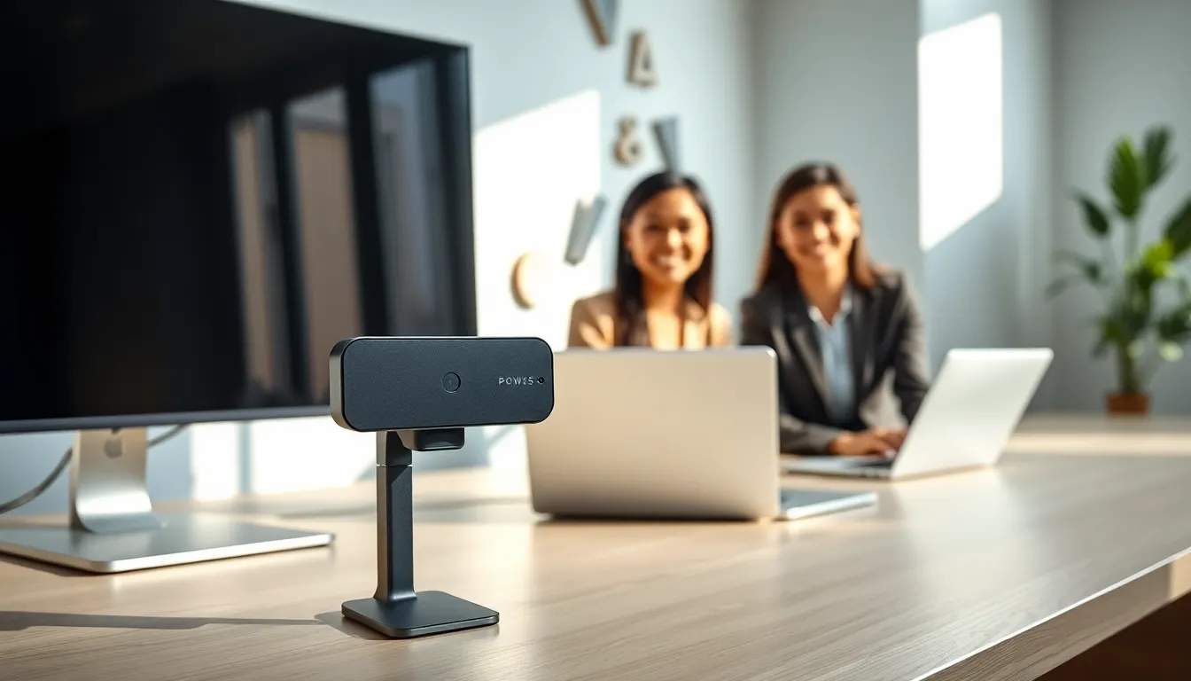 modern webcam on a desk with a diverse team in an online meeting.
