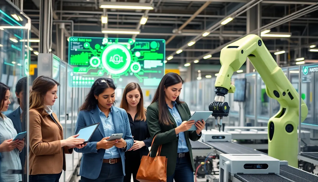 diverse team analyzing data in a high-tech manufacturing facility.