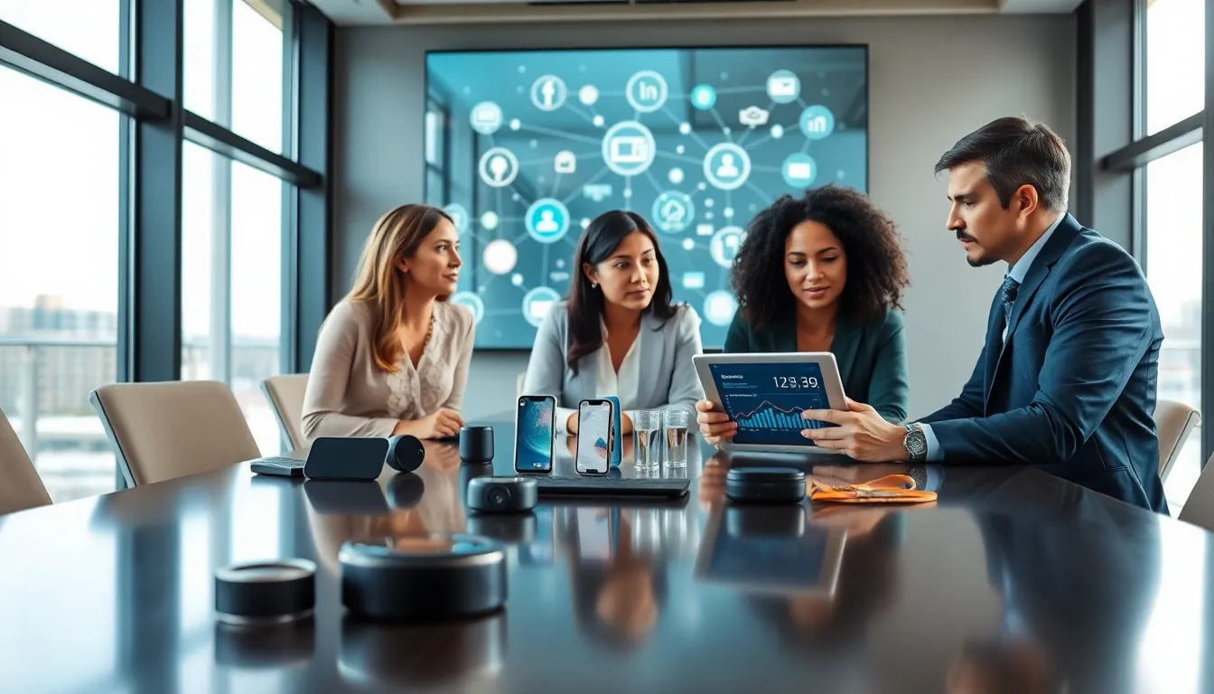 diverse team discussing Internet of Things in a modern office.