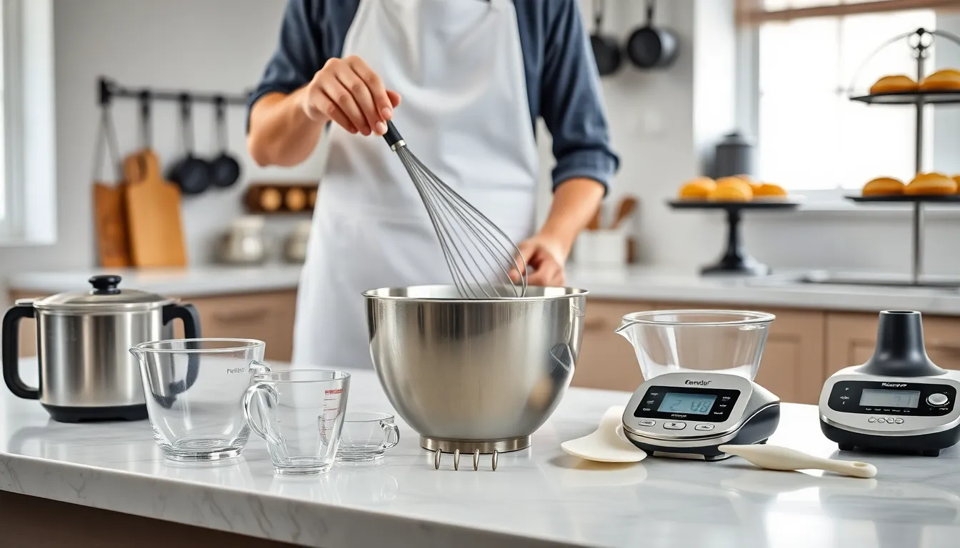 A professional baker using quality baking gadgets in a modern kitchen.