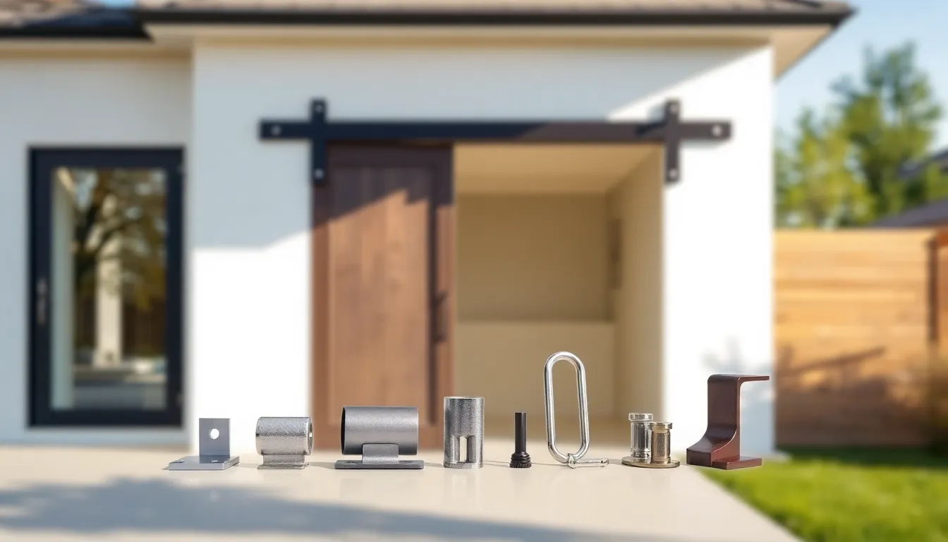 display of exterior sliding barn door hardware components.