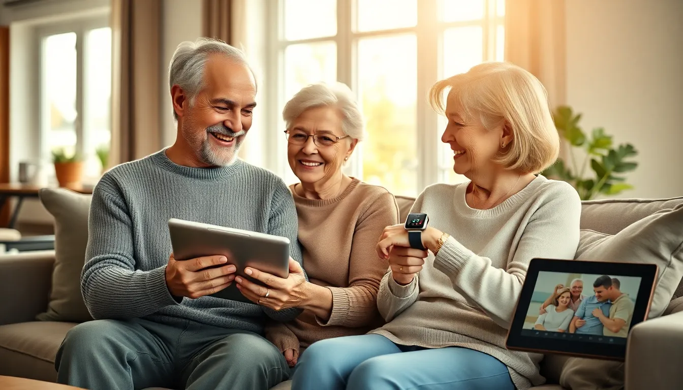 elderly couple using modern gadgets in a comfortable living room.
