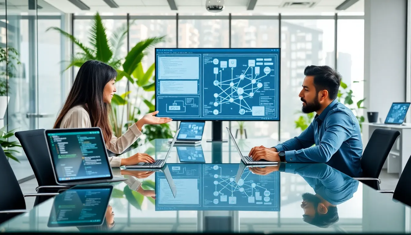 diverse team discussing IoT software development in a modern office.