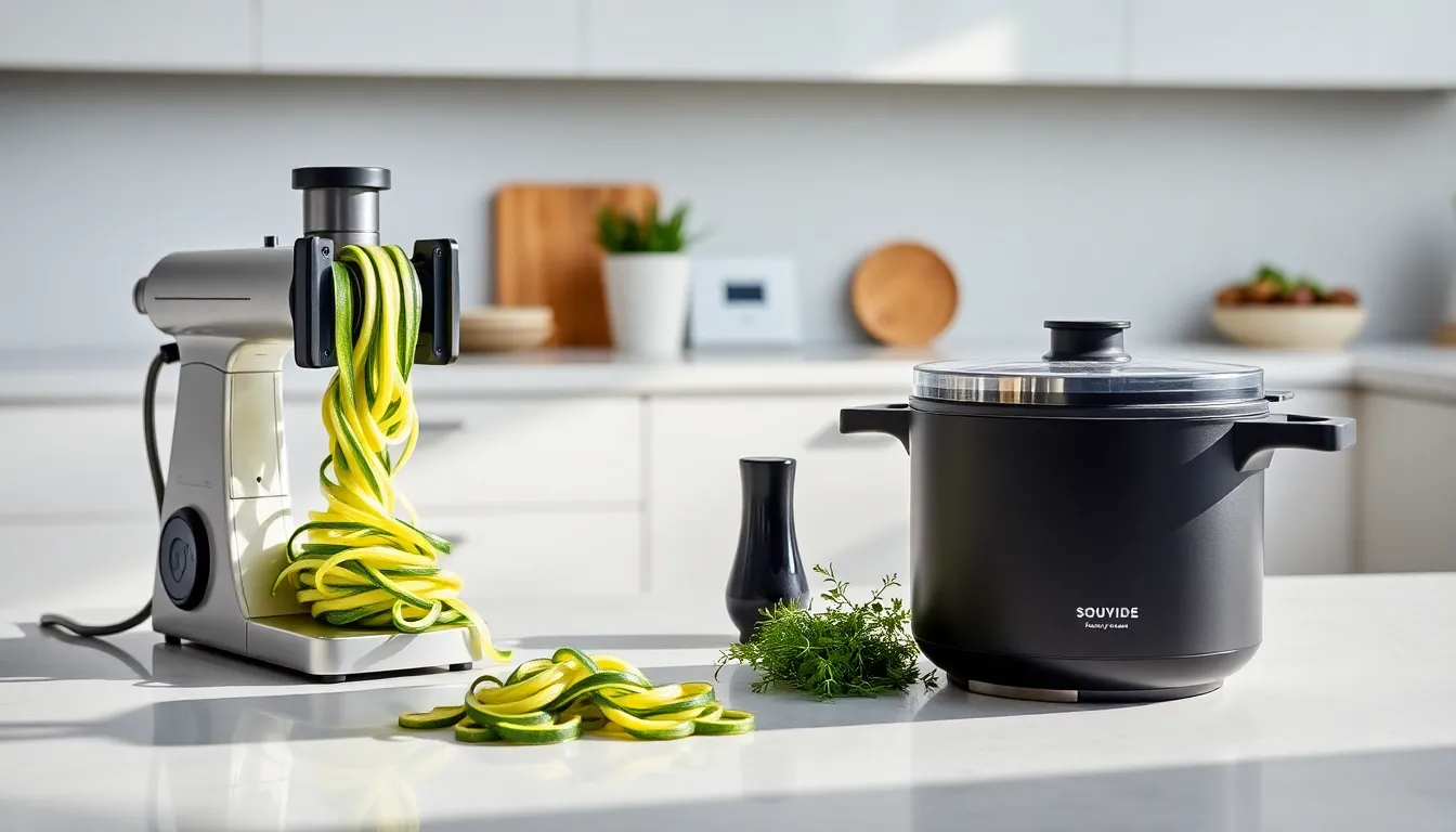modern kitchen tools for home chefs including spiralizer and sous vide cooker.
